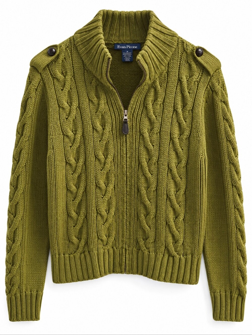 Vintage Evan Picone Sage, Avocado Green Cable Knit Zip Sweater Epaulets M
